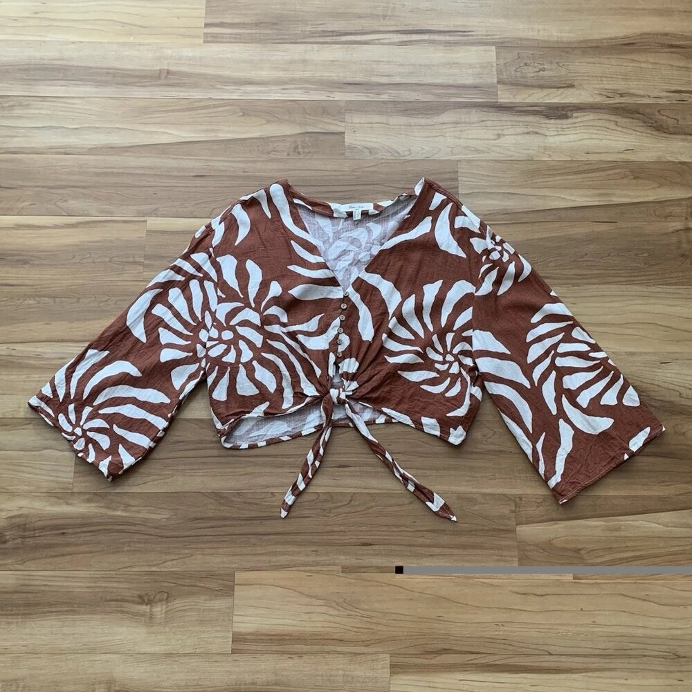 Haver Blair Tie Front Top Brown White Long Sleeve Abstract Size XL Boho NWOT